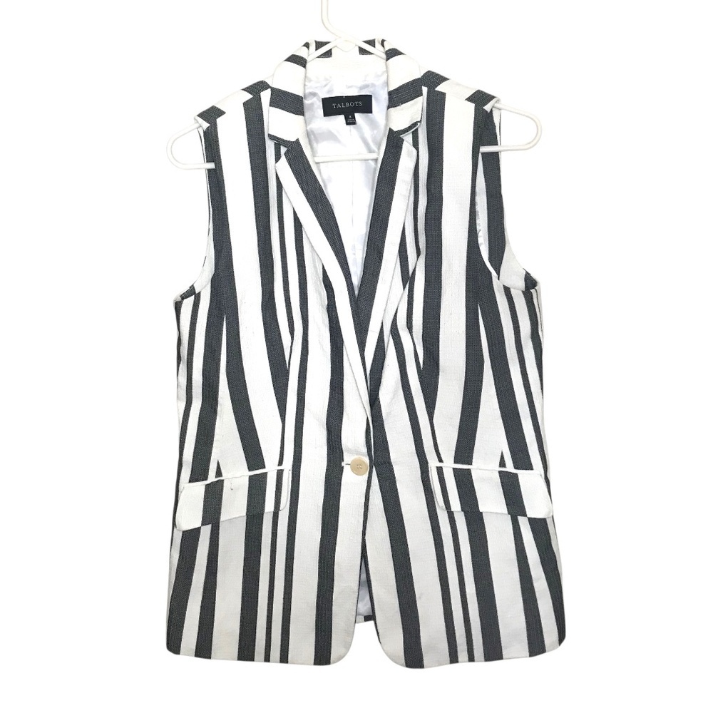Talbots Black White Striped Linen Blend Sleeveless Blazer Vest S/M